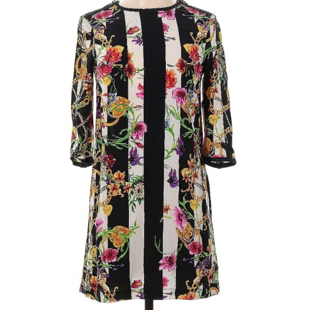 Juicy Couture 100% Silk Black & White Stripe Floral Mini Shift Dress 3/4 Slv 0